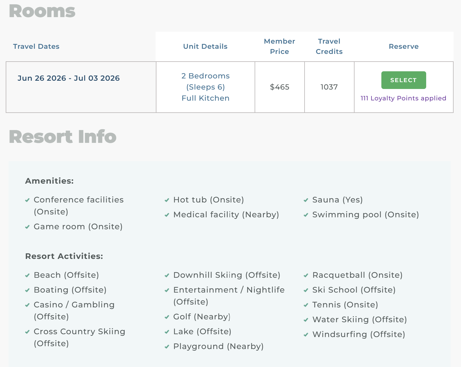 Club Tahoe on Travel Advantage — $465 member price, 1037 Travel Credits earned, 111 Loyalty Points applied