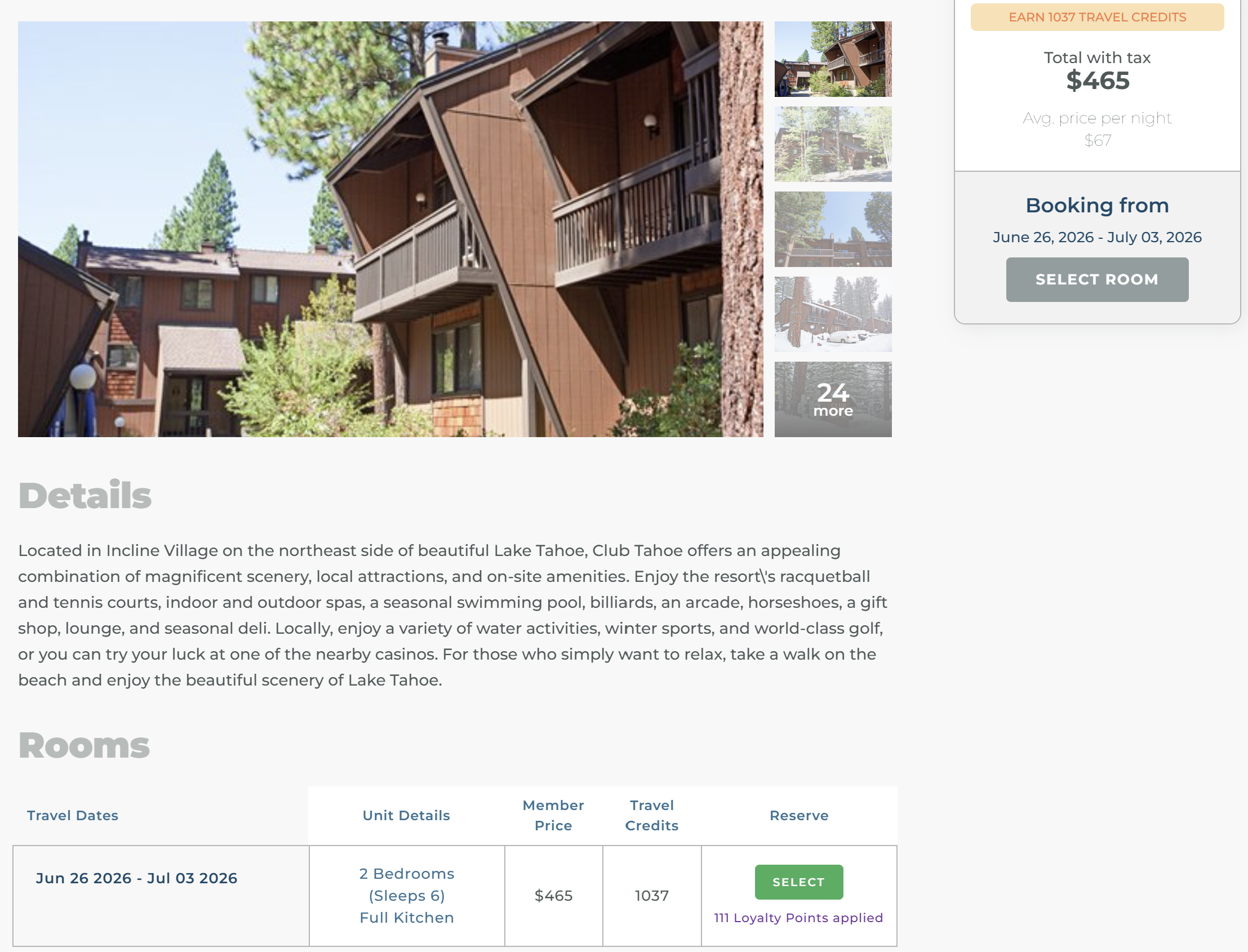 Club Tahoe booking on Travel Advantage — June 26 to July 3, member price $465, 1037 Travel Credits, 111 Loyalty Points