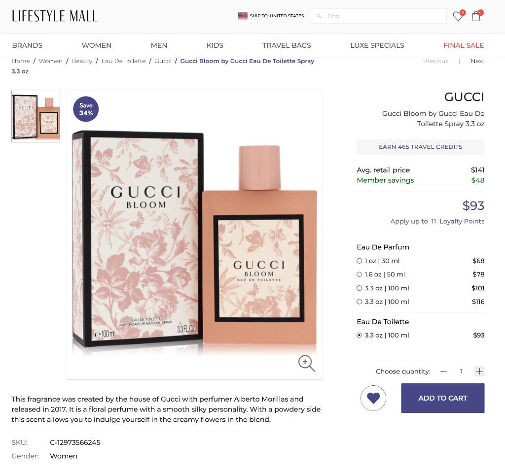 Gucci Bloom on Lifestyle Mall — $93, save 34%, 465 Travel Credits