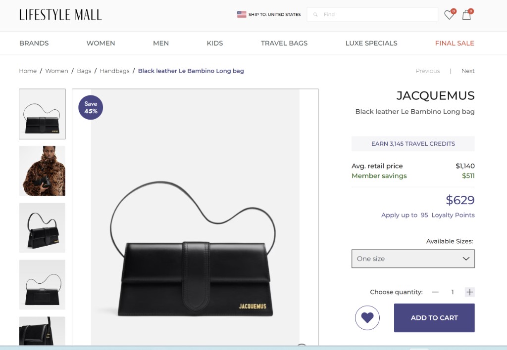 Jacquemus Le Bambino Long on Lifestyle Mall — $629, save 45%, 3145 Travel Credits