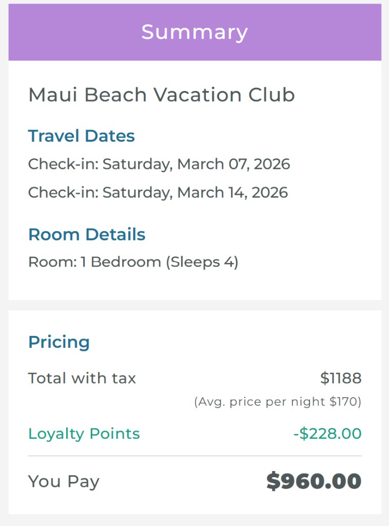 Maui Beach Vacation Club checkout on Travel Advantage — $1,188 total, 228 Loyalty Points applied, You Pay $960