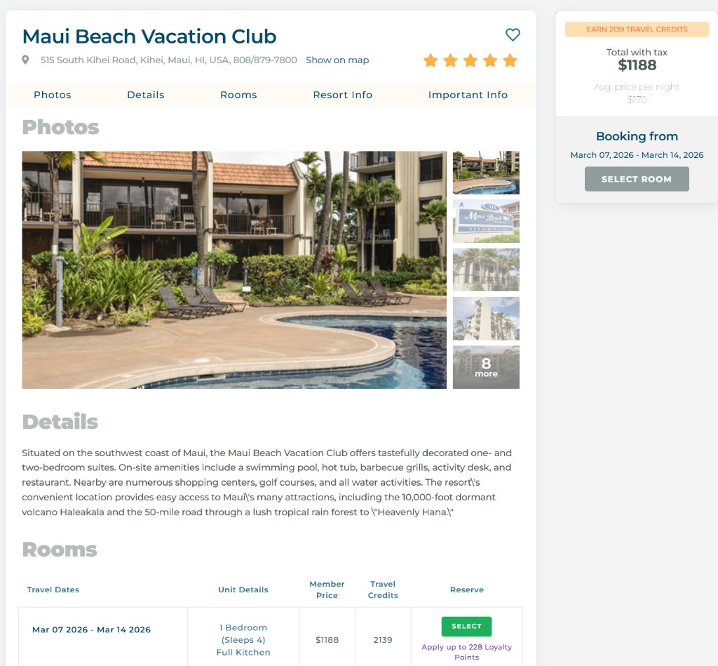 Maui Beach Vacation Club on Travel Advantage — $1,188 total with tax, 2139 Travel Credits